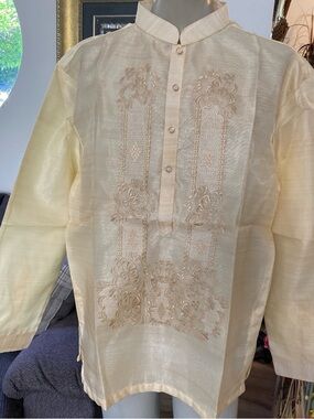 Classic Filipino Men's Barong Tagalog 3XL Double Lining Shirt Cream Embroidered